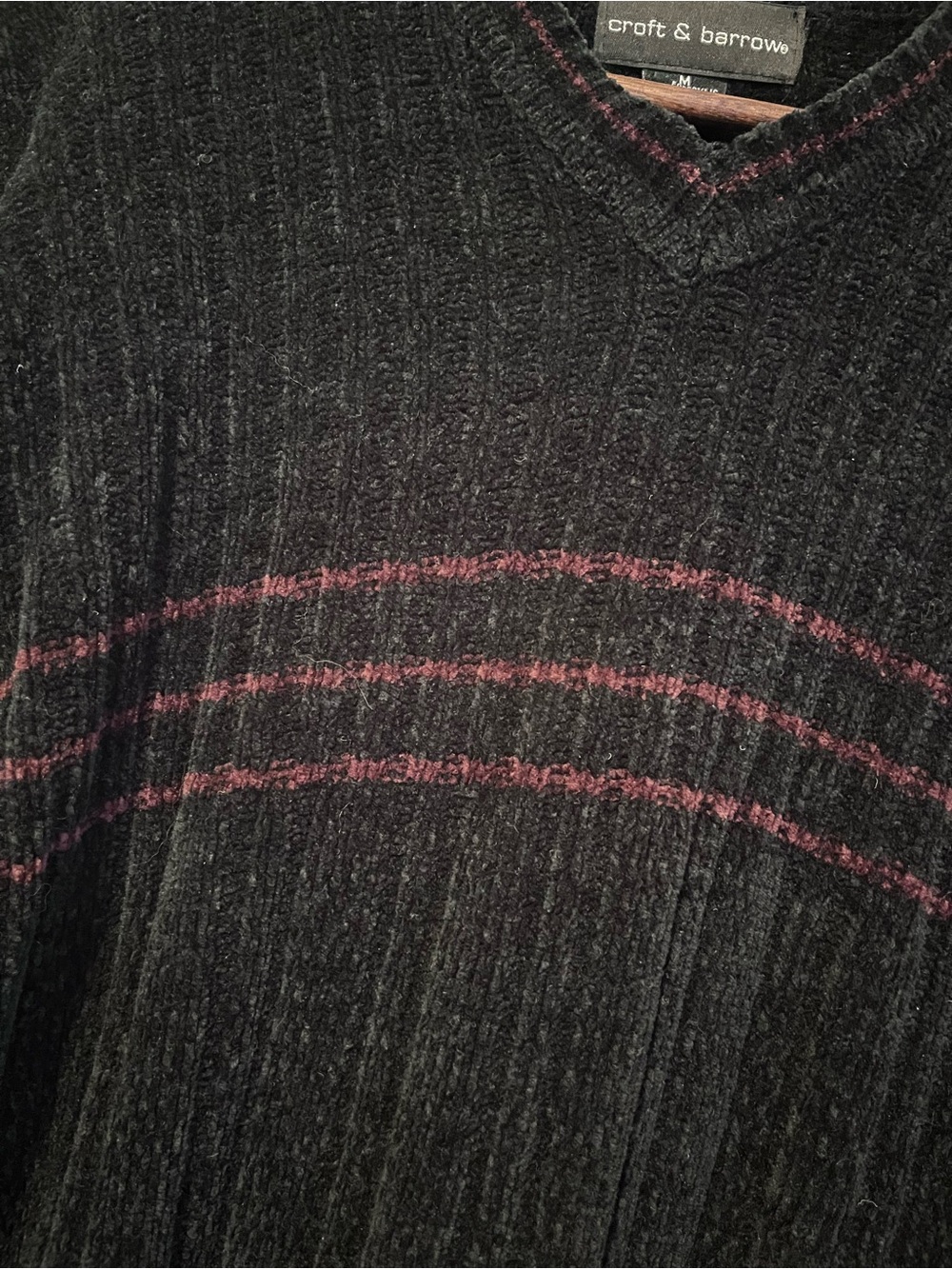 Vintage 90s Croft & Barrow Chenille Sweater Men’s M Black Burgundy Stripe V Neck